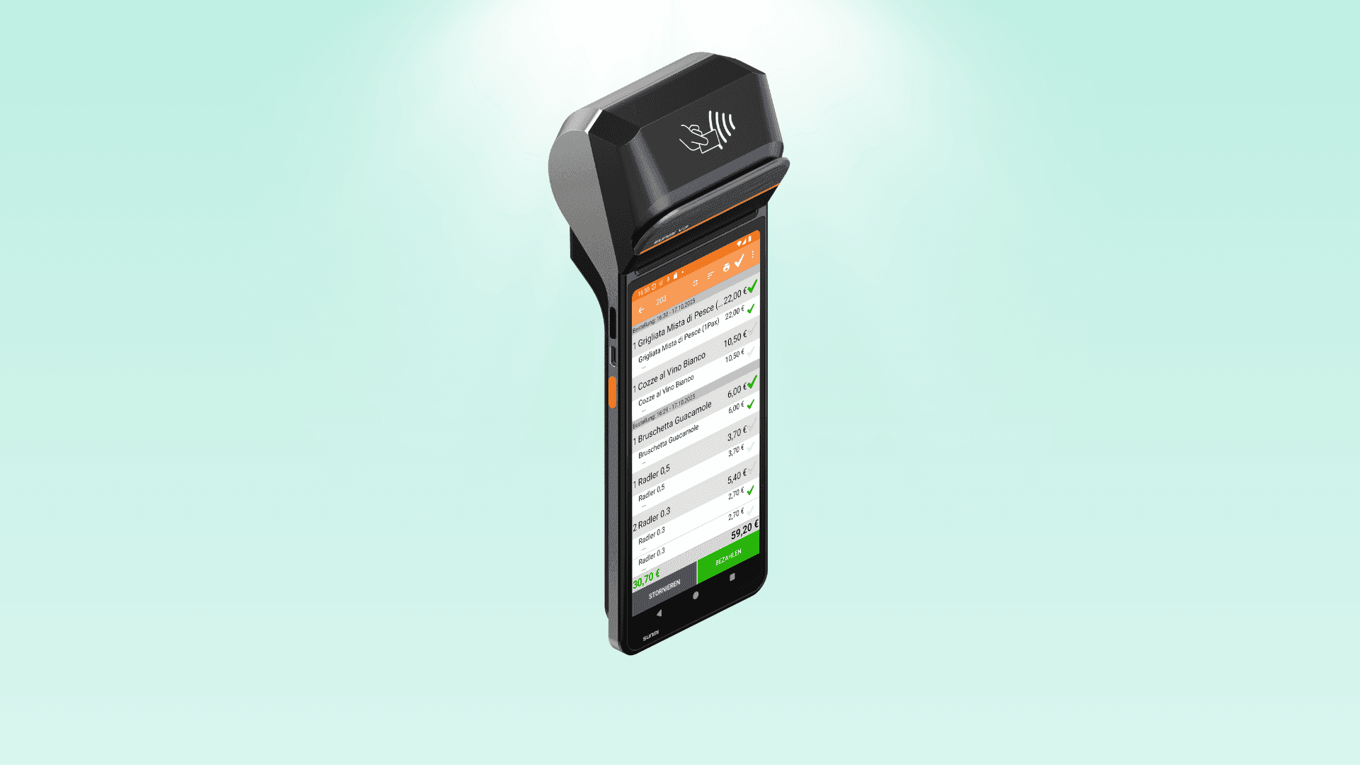 Handheld POS terminal displaying a digital order summary with itemized prices.